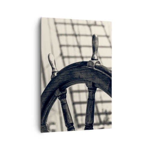 Bild auf Leinwand - Leinwandbild - Ein Segelruder im Retro-Stil mit einem Schiff im Hintergrund - 70x100cm - Meeresgeschichten - Moderne Wanddekoration für Wohnzimmer und Schlafzimmer ARTTOR