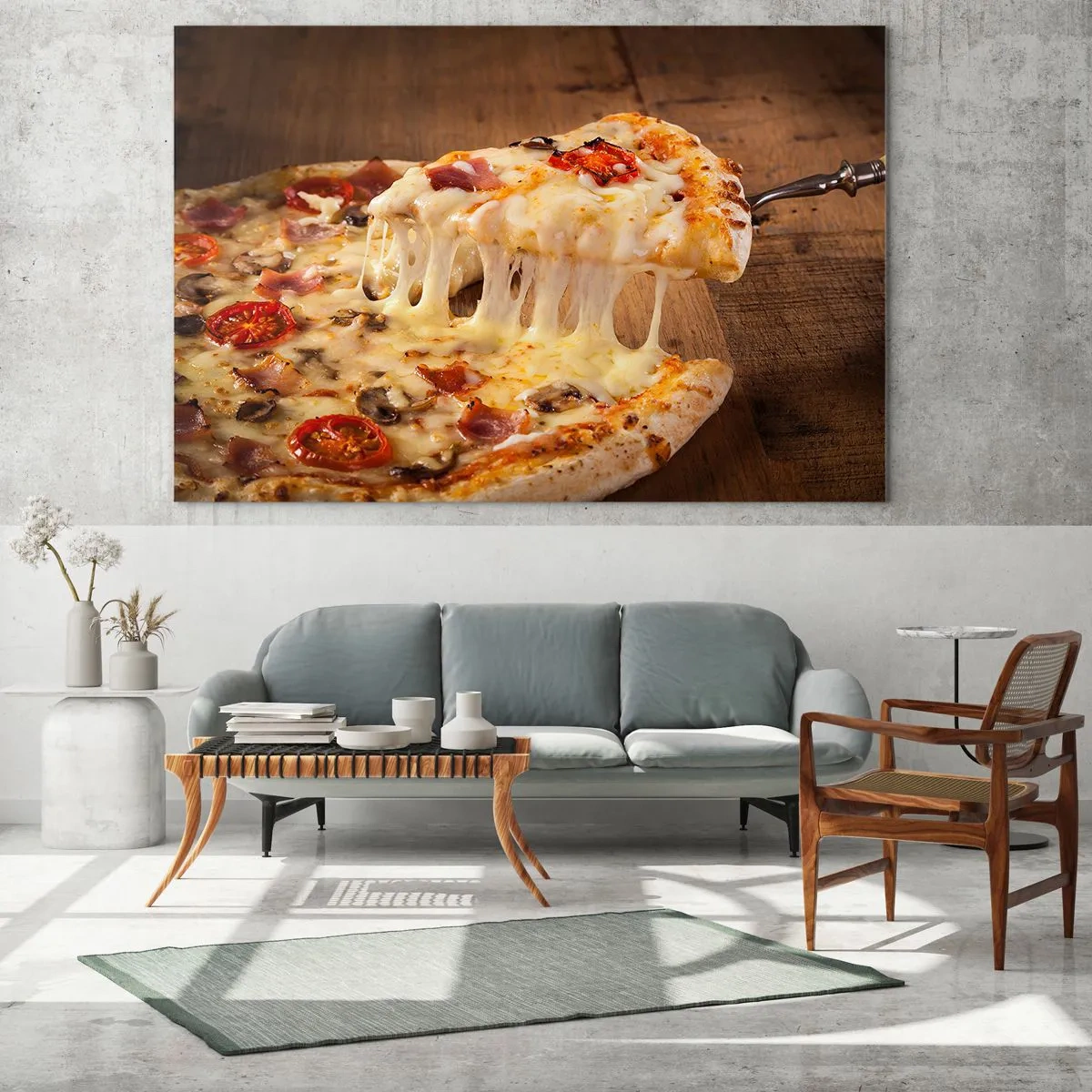 Glasbild - Bild auf glas - Pizza mit faserigem Käse, Tomaten und Schinken auf Holzuntergrund - 70x50cm - Ein Meisterwerk der italienischen Kunst - Moderne Wanddekoration für Wohnzimmer und Schlafzimmer ARTTOR