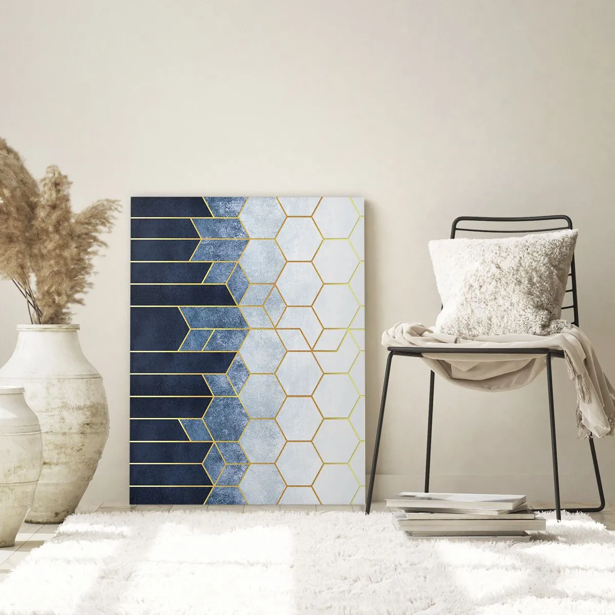 Glasbild - Bild auf glas - Geometrisches Muster in Gold- und Marineblautönen - 80x120cm - Komposition im synkopischen Rhythmus - Moderne Wanddekoration für Wohnzimmer und Schlafzimmer ARTTOR