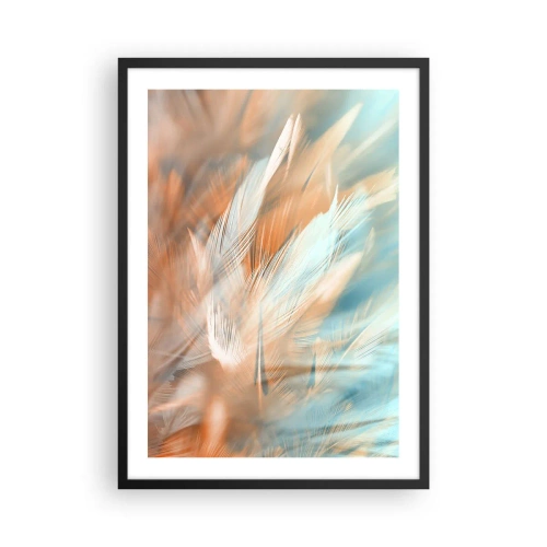 Poster in einem schwarzem Rahmen - Zarte Federn in Blau- und Pfirsichtönen - 50x70cm - Im Land der Sanftmut - Moderne Wanddekoration für Wohnzimmer und Schlafzimmer ARTTOR
