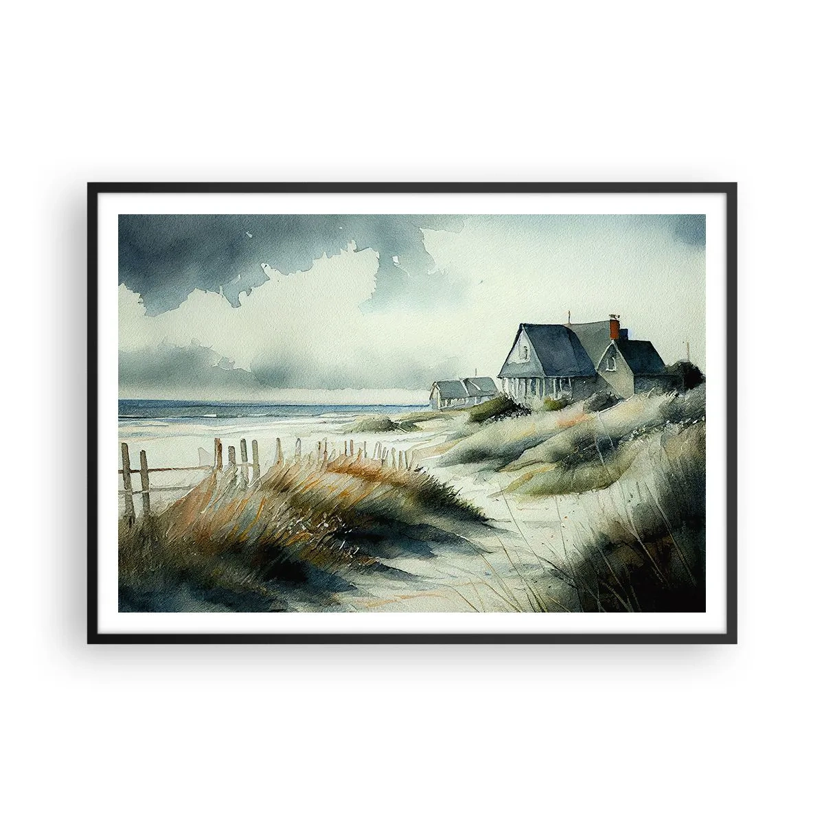 Poster in einem schwarzem Rahmen - Ein Haus am Meer, umgeben von Gras und mit Blick auf das Meer - 100x70cm - Abseits vom Trubel - Moderne Wanddekoration für Wohnzimmer und Schlafzimmer ARTTOR