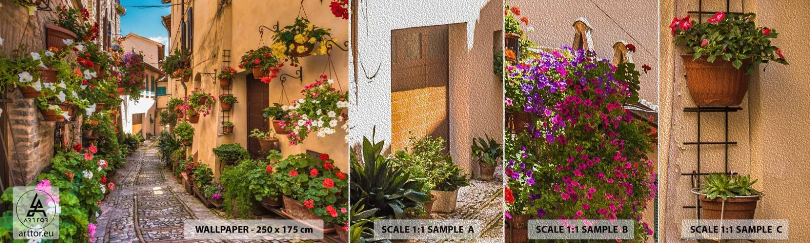 Fototapeten Muster Premium Sand - Italienische Gasse - Stadt, Blumen, Die Architektur - 100x30 cm