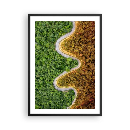 Poster in einem schwarzem Rahmen - Eine Straße, die sich durch einen Wald schlängelt, der in grüne und herbstliche Teile unterteilt ist - 50x70cm - Grenzen und Durchbrüche - Moderne Wanddekoration für Wohnzimmer und Schlafzimmer ARTTOR