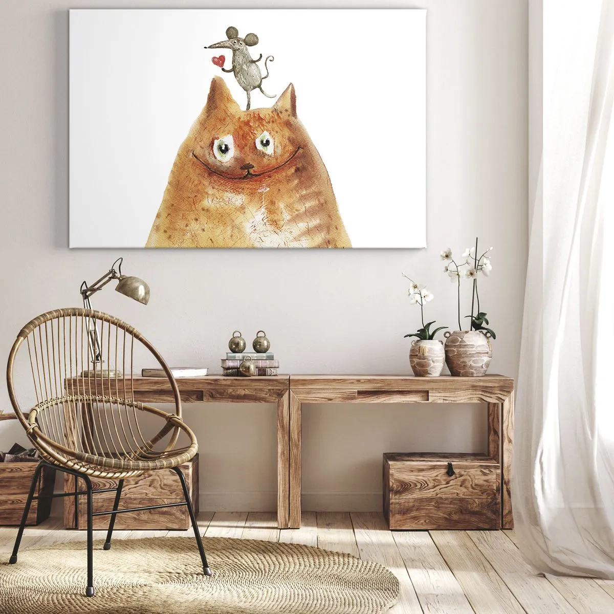 Bild auf Leinwand - Leinwandbild - Eine Zeichnung einer Katze mit einer Maus auf dem Kopf, die ein Herz hält - 120x80cm - Paradoxien der Liebe - Moderne Wanddekoration für Wohnzimmer und Schlafzimmer ARTTOR