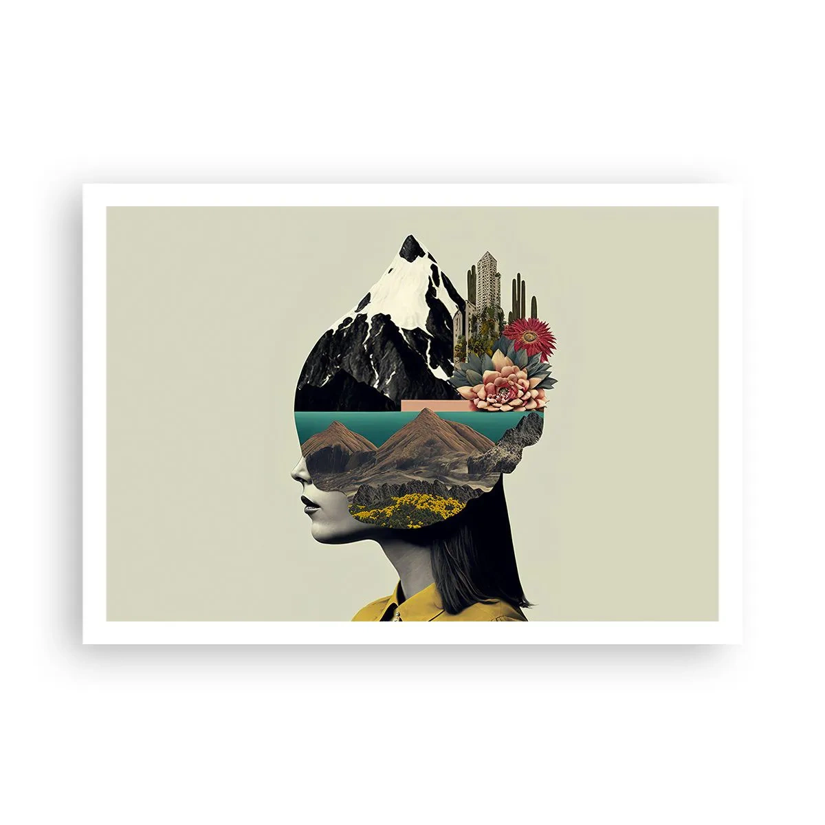 Poster - Collage einer Frau mit Berglandschaft und Blumen - 100x70cm - Frau – bleibt immer ein Geheimnis - Moderne Wanddekoration für Wohnzimmer und Schlafzimmer ARTTOR