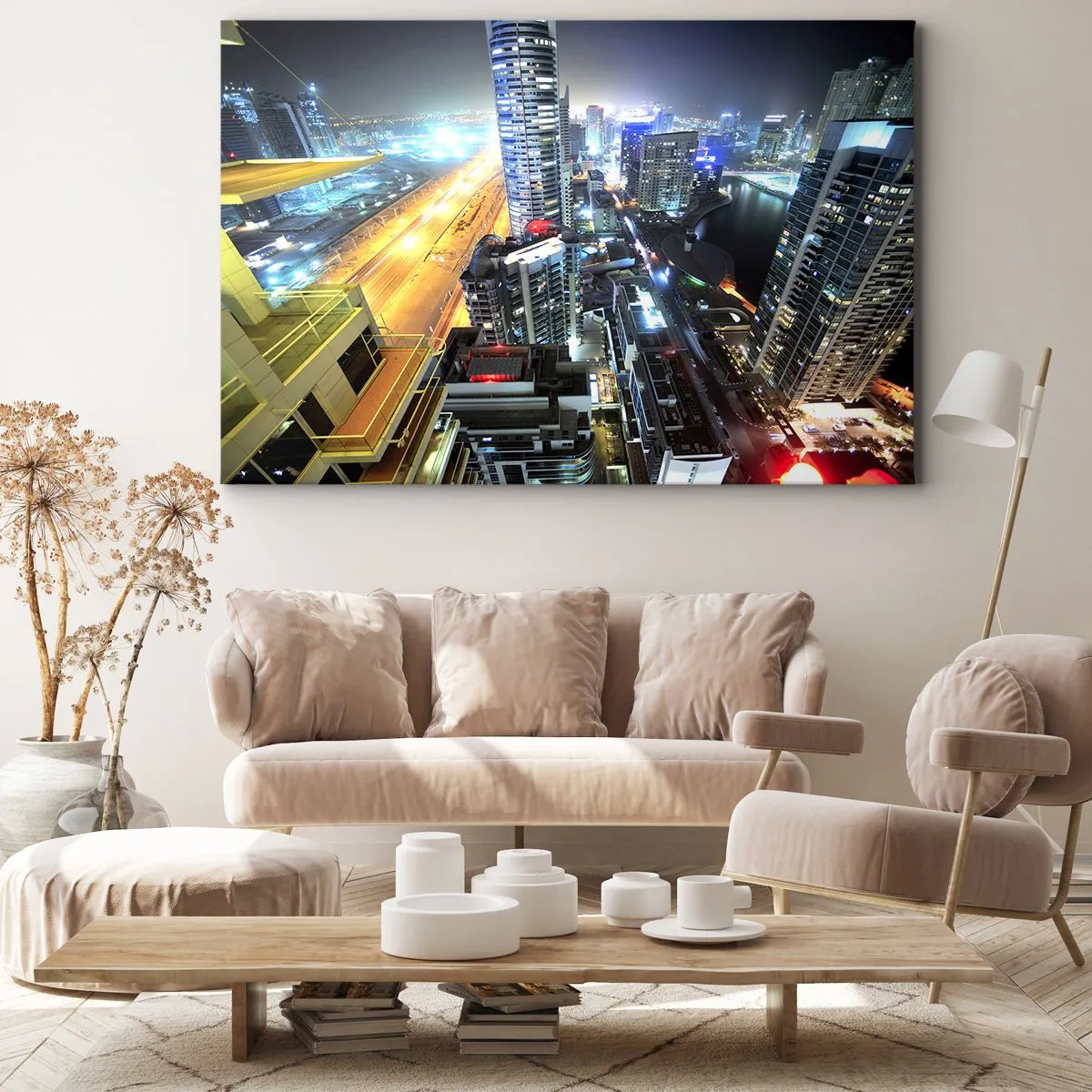 Bild auf Leinwand - Leinwandbild - Panorama der nächtlichen Stadt mit beleuchteten Wolkenkratzern - 70x50cm - Ein Wunder in der Wüste - Moderne Wanddekoration für Wohnzimmer und Schlafzimmer ARTTOR