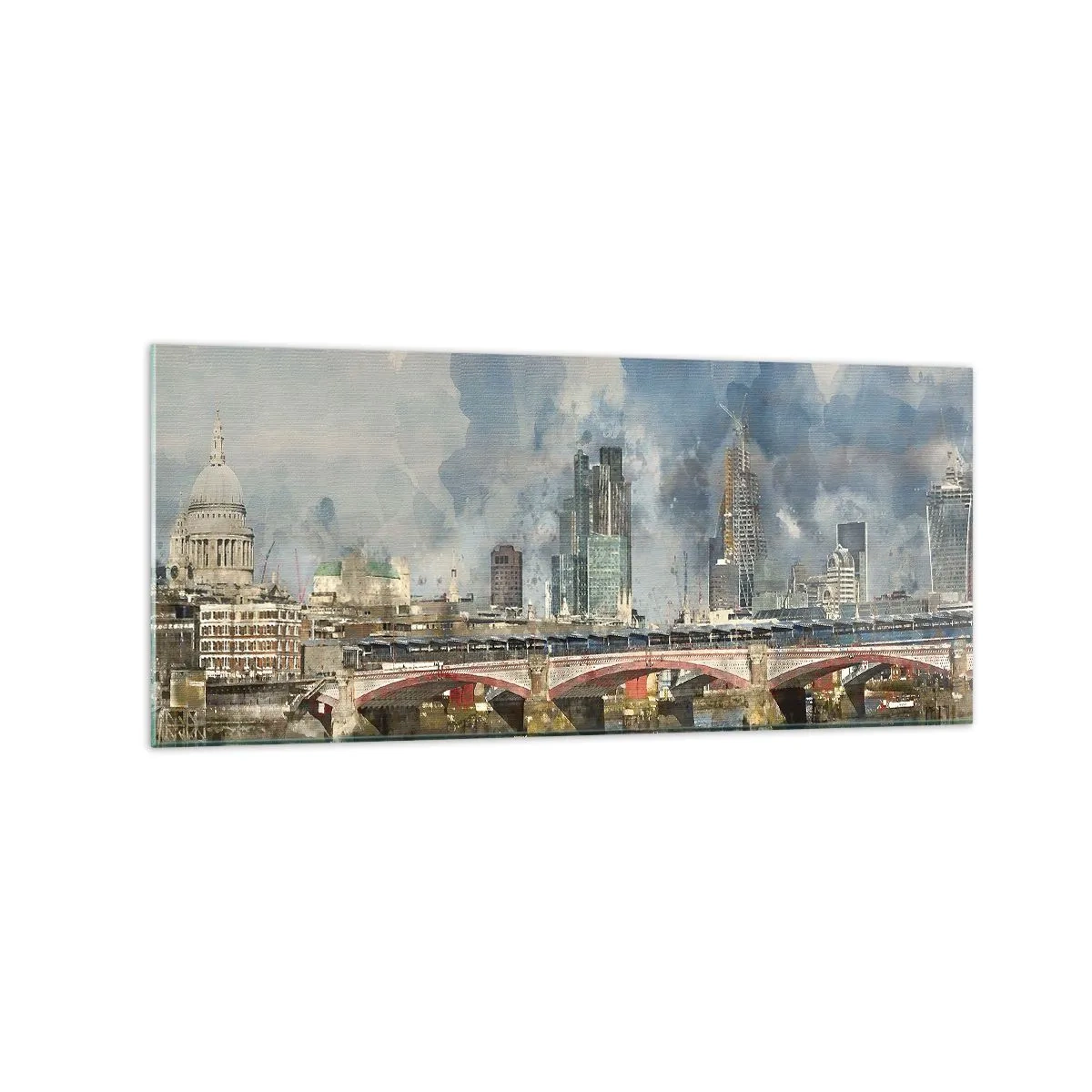 Glasbild - Bild auf glas - Aquarellansicht der Brücke und der Skyline der Stadt - 120x50cm - London in seiner ganzen Pracht - Moderne Wanddekoration für Wohnzimmer und Schlafzimmer ARTTOR