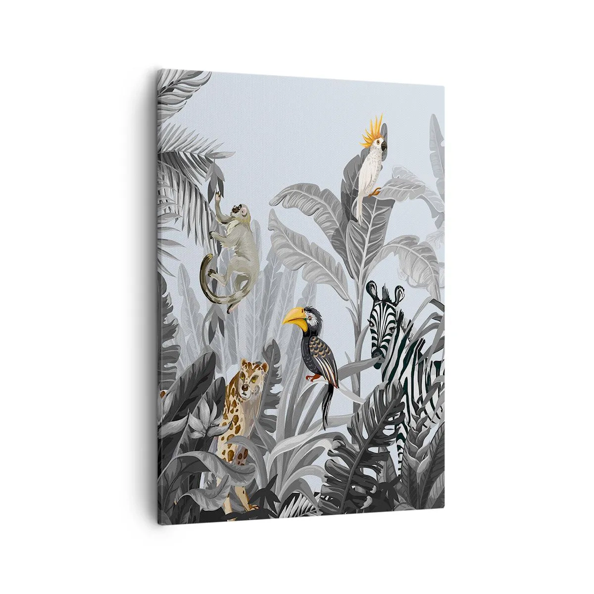 Bild auf Leinwand - Leinwandbild - Tropischer Dschungel mit exotischen Tieren auf grauem Hintergrund - 50x70cm - Afrikanisches Märchen - Moderne Wanddekoration für Wohnzimmer und Schlafzimmer ARTTOR