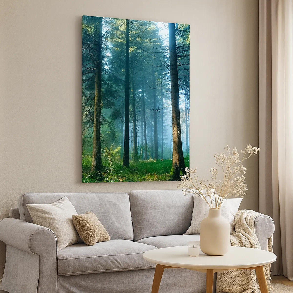 Bild auf Leinwand - Leinwandbild - Ein Waldweg, beleuchtet von den Strahlen der Morgensonne - 50x70cm - Strahlend am Morgen - Moderne Wanddekoration für Wohnzimmer und Schlafzimmer ARTTOR