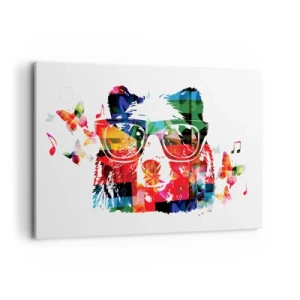 Bild auf Leinwand - Leinwandbild - Bunter Bär mit Brille mit Schmetterlingen und Musiknoten - 120x80cm - Ich mag! - Moderne Wanddekoration für Wohnzimmer und Schlafzimmer ARTTOR