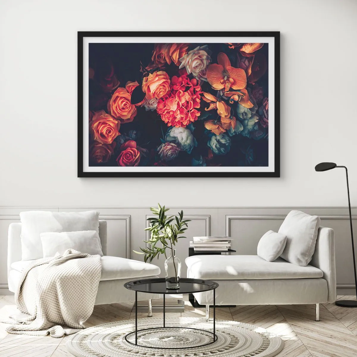 Poster in einem schwarzem Rahmen - Ein Strauß verschiedener Blumen in dunklen Tönen - 70x50cm - Wie bei den holländischen Meistern - Moderne Wanddekoration für Wohnzimmer und Schlafzimmer ARTTOR