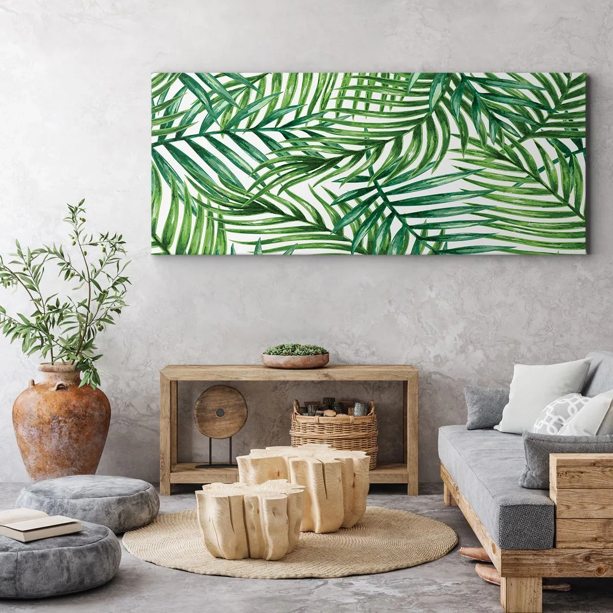 Bild auf Leinwand - Leinwandbild - Grüne tropische Palmblätter auf hellem Hintergrund - 160x50cm - Unter dem grünen Baldachin - Moderne Wanddekoration für Wohnzimmer und Schlafzimmer ARTTOR