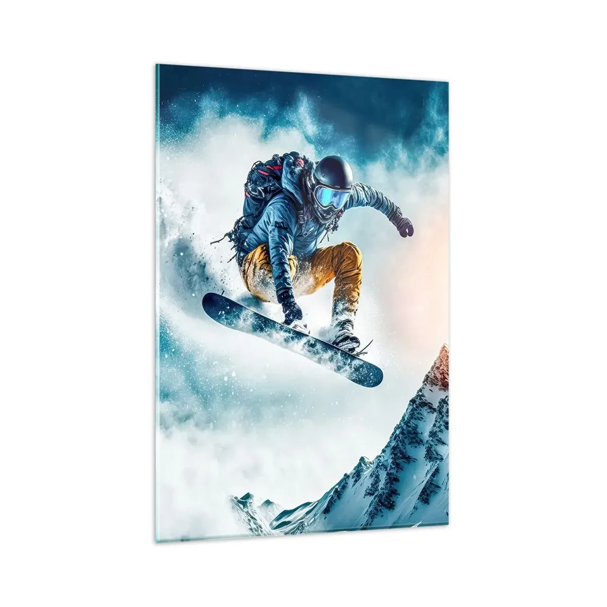 Glasbild - Bild auf glas - Ein Snowboarder fliegt über schneebedeckte Berge - 80x120cm - Extreme Emotionen - Moderne Wanddekoration für Wohnzimmer und Schlafzimmer ARTTOR