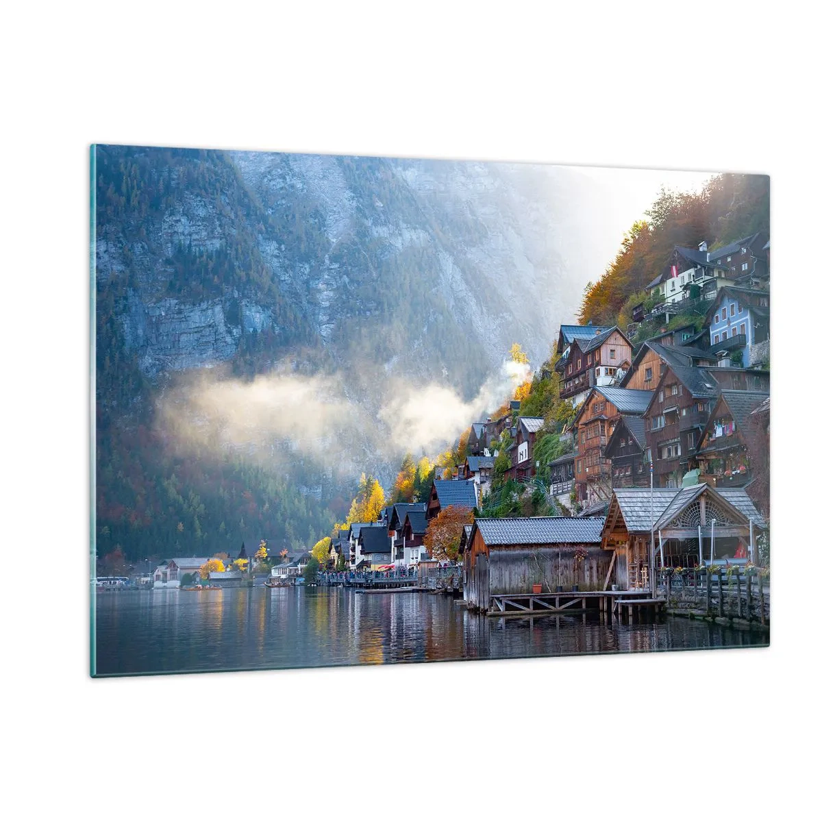Glasbild - Bild auf glas - Ein Herbstmorgen in einer Bergstadt an einem See - 120x80cm - Alpenatmosphäre - Moderne Wanddekoration für Wohnzimmer und Schlafzimmer ARTTOR