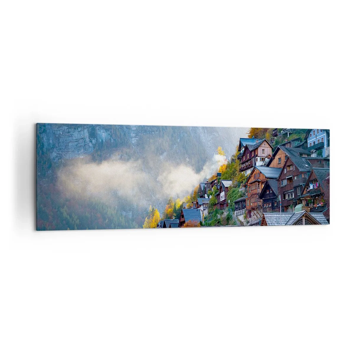 Bild auf Leinwand - Leinwandbild - Ein Bergdorf an einem See in herbstlicher Landschaft - 160x50cm - Alpenatmosphäre - Moderne Wanddekoration für Wohnzimmer und Schlafzimmer ARTTOR