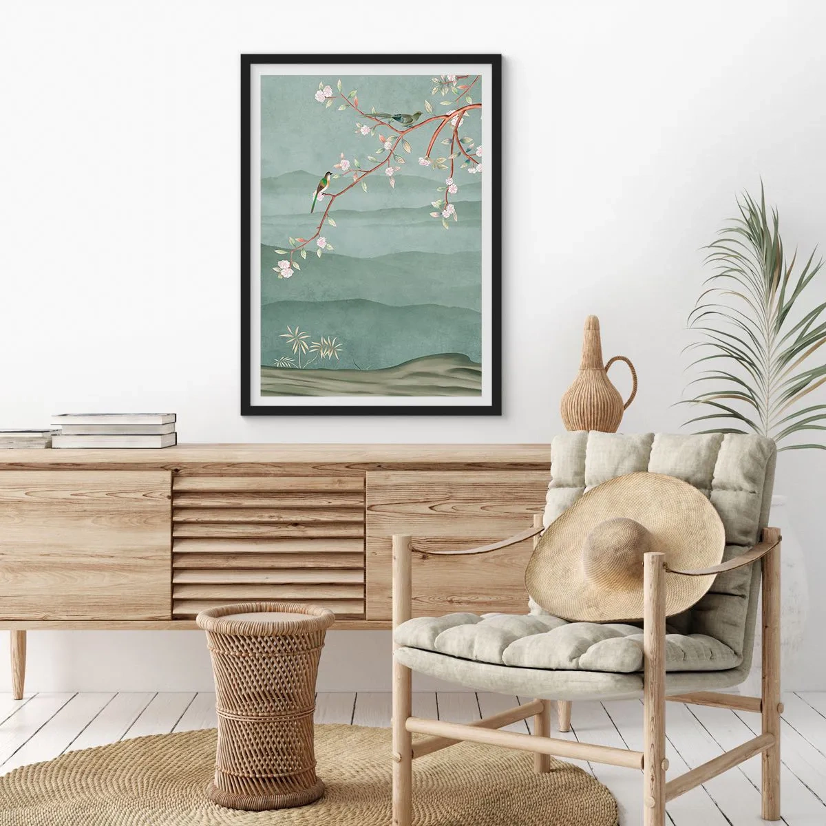 Poster in einem schwarzem Rahmen - Vögel auf einem blühenden Zweig mit Blick auf die Hügel - 50x70cm - Frühling, oh, du bist es - Moderne Wanddekoration für Wohnzimmer und Schlafzimmer ARTTOR