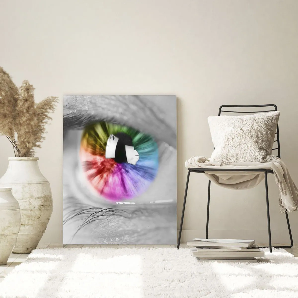 Glasbild - Bild auf glas - Künstlerische Aufnahme eines Auges mit einer Regenbogeniris auf grauem Hintergrund - 70x100cm - Schau dir die Welt in Farbe an - Moderne Wanddekoration für Wohnzimmer und Schlafzimmer ARTTOR