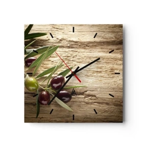 Wanduhr - Glasuhr - Olivenzweig mit Früchten auf einem Hintergrund aus gealtertem Holz - 30x30cm - Direkt aus der Natur - Moderne Wanddekoration für Wohnzimmer und Schlafzimmer ARTTOR