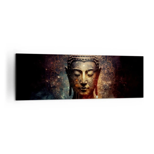 Bild auf Leinwand - Leinwandbild - Goldener Buddha auf dunklem Hintergrund mit Ornamenten - 160x50cm - Spirituelles Gleichgewicht - Moderne Wanddekoration für Wohnzimmer und Schlafzimmer ARTTOR