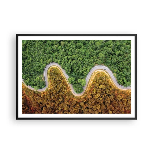 Poster in einem schwarzem Rahmen - Eine kurvenreiche Straße durch den Wald aus der Vogelperspektive gesehen - 100x70cm - Grenzen und Durchbrüche - Moderne Wanddekoration für Wohnzimmer und Schlafzimmer ARTTOR