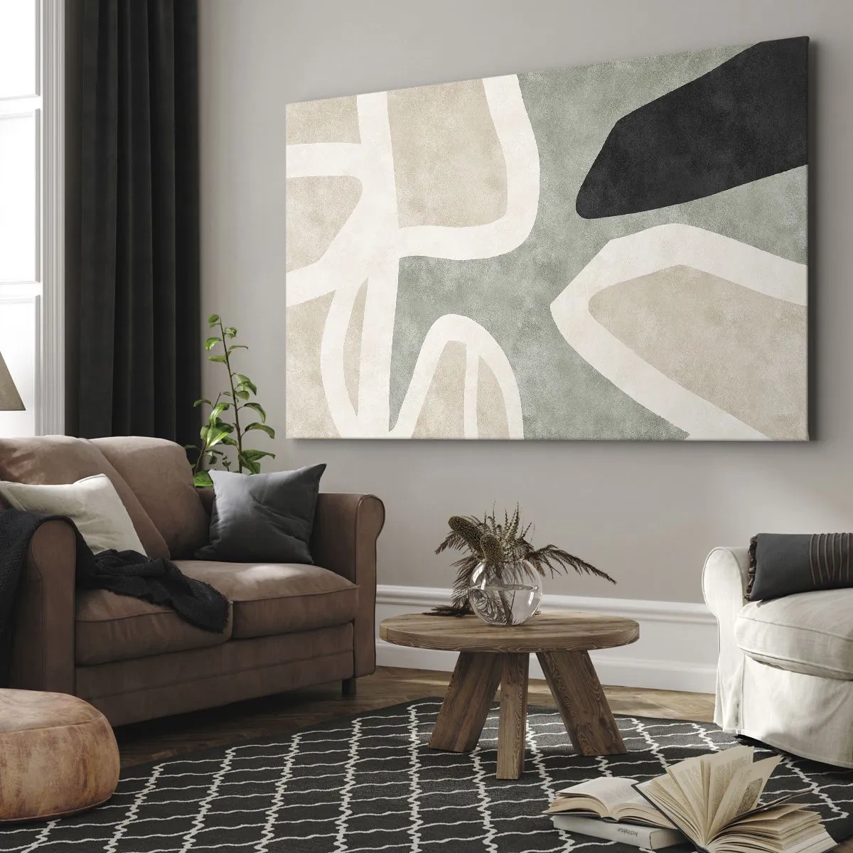 Bild auf Leinwand - Leinwandbild - Abstrakte Formen in gedämpften Farben - 120x80cm - Komposition mit schwarzem Motiv - Moderne Wanddekoration für Wohnzimmer und Schlafzimmer ARTTOR