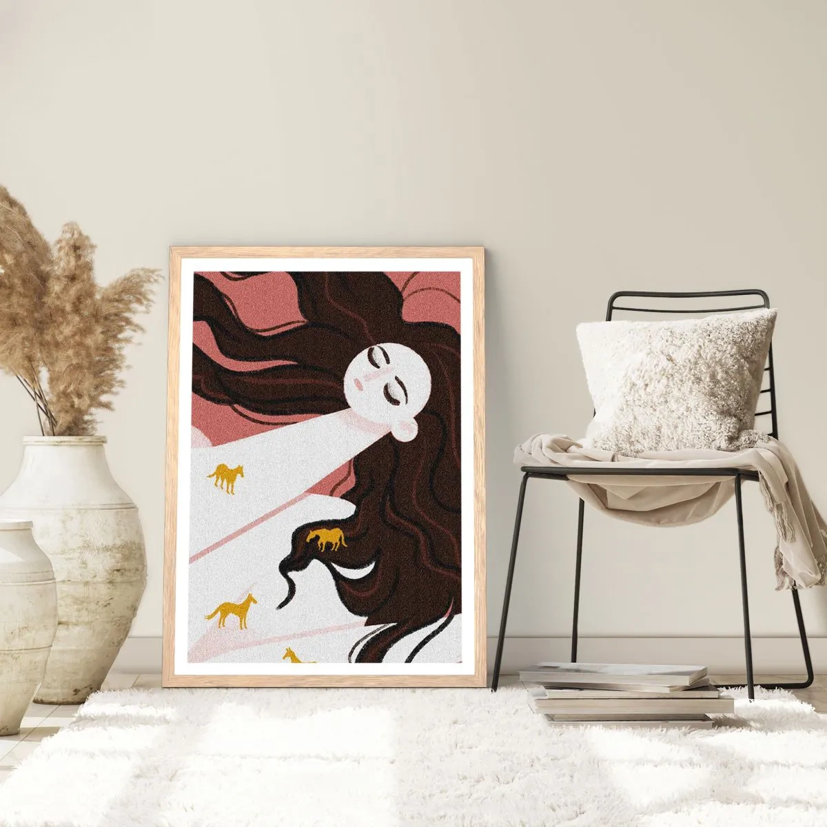 Poster in einem Rahmen aus heller Eiche - Traum von einem goldenen Pferd - 50x70 cm