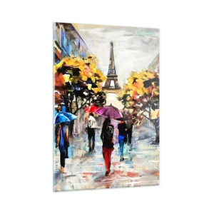 Glasbild - Bild auf glas - Der Eiffelturm im Hintergrund mit Menschen, die unter bunten Regenschirmen spazieren gehen - 50x70cm - Besonders schön im Herbst - Moderne Wanddekoration für Wohnzimmer und Schlafzimmer ARTTOR