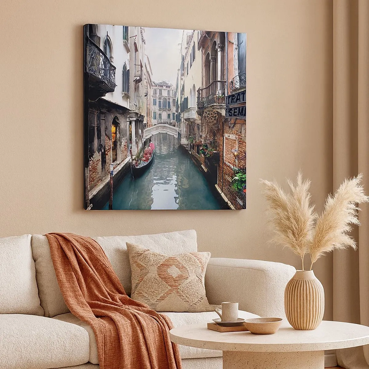 Bild auf Leinwand - Leinwandbild - Venezianische Landschaft mit Gondel und Brücke - 30x30 cm