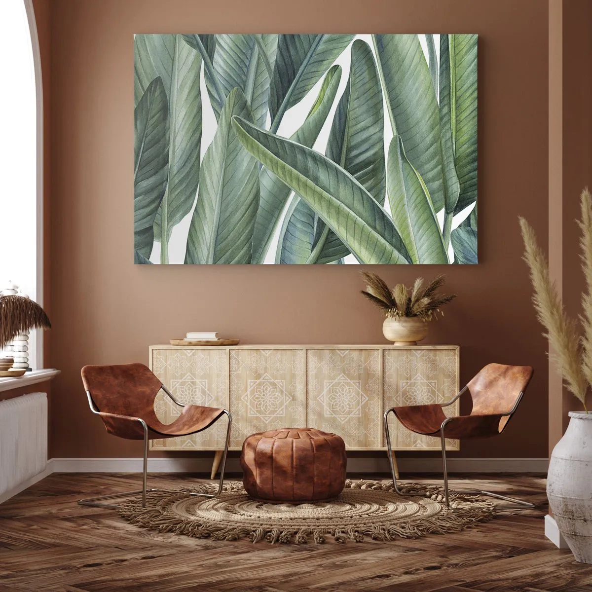 Bild auf Leinwand - Leinwandbild - Grüne Blätter im minimalistischen, botanischen Stil - 100x70cm - An und für sich Grün - Moderne Wanddekoration für Wohnzimmer und Schlafzimmer ARTTOR