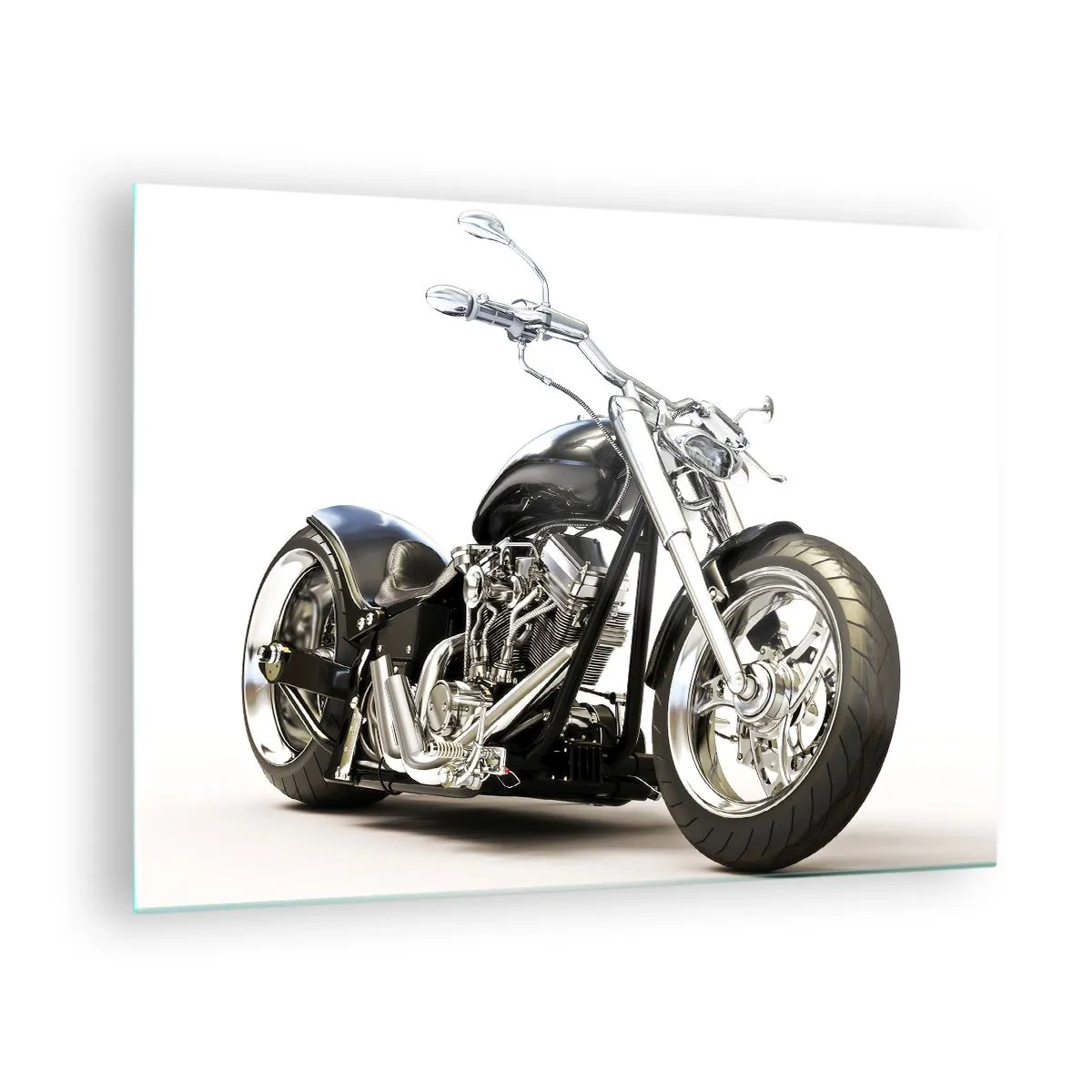Glasbild - Bild auf glas - Ein schwarzes Chopper-Motorrad auf hellem Hintergrund - 70x50cm - Stärke mit Charakter - Moderne Wanddekoration für Wohnzimmer und Schlafzimmer ARTTOR