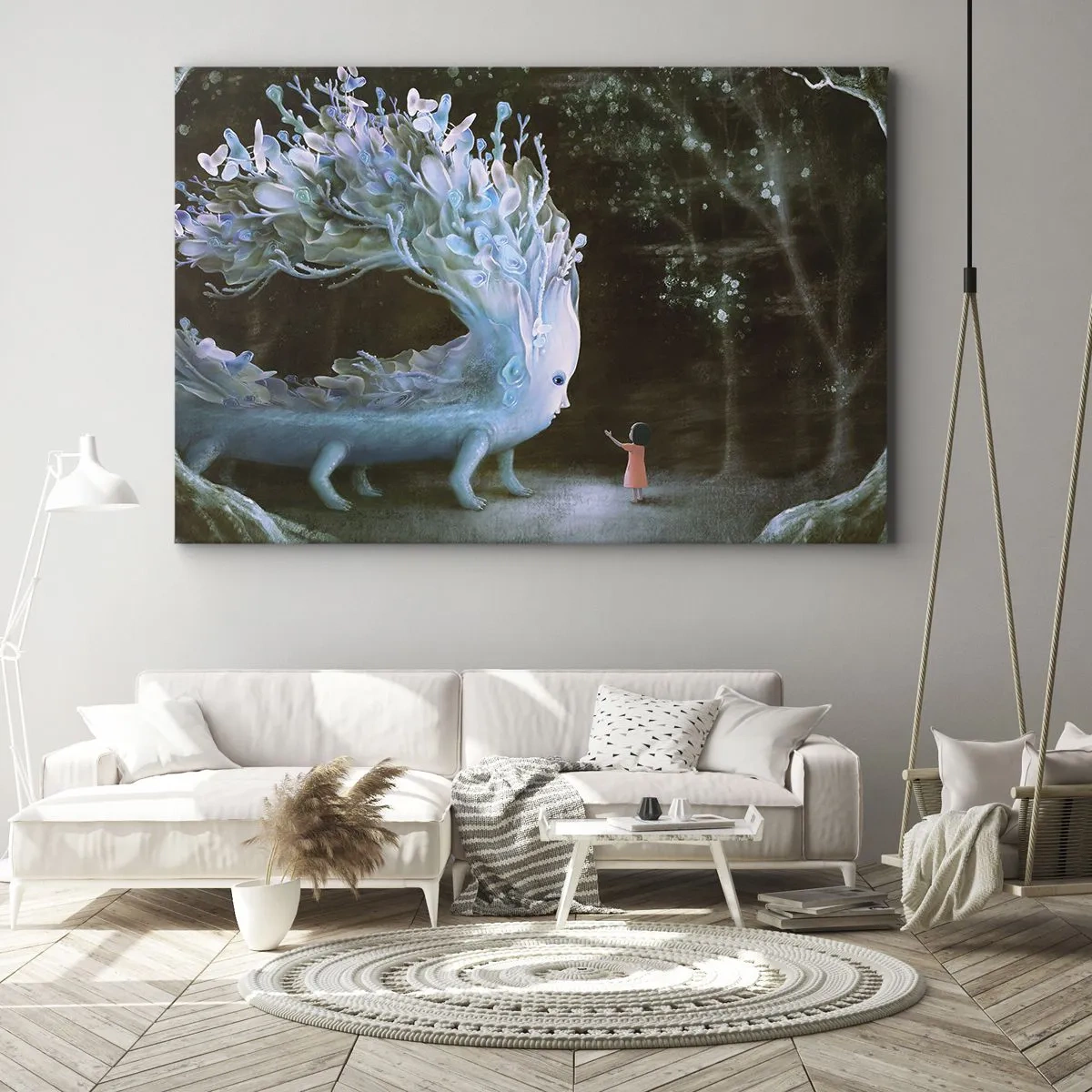 Bild auf Leinwand - Leinwandbild - Die Figur eines Mädchens, das einem fantastischen Wesen gegenübersteht - 100x70cm - Fantastisches Treffen - Moderne Wanddekoration für Wohnzimmer und Schlafzimmer ARTTOR