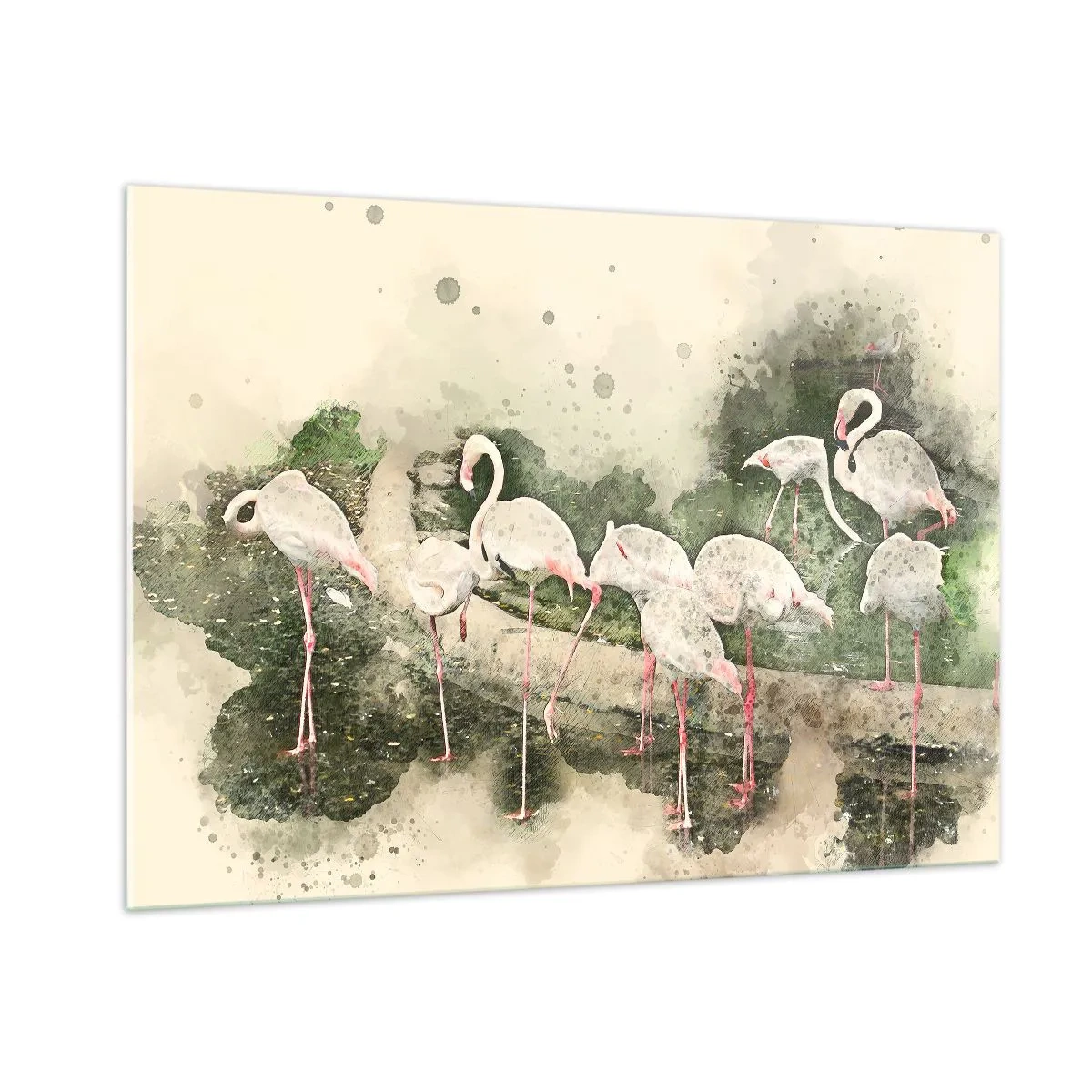Glasbild - Bild auf glas - Flamingos vor dem Hintergrund einer Aquarellkomposition - 100x70cm - Exotischer Traum - Moderne Wanddekoration für Wohnzimmer und Schlafzimmer ARTTOR