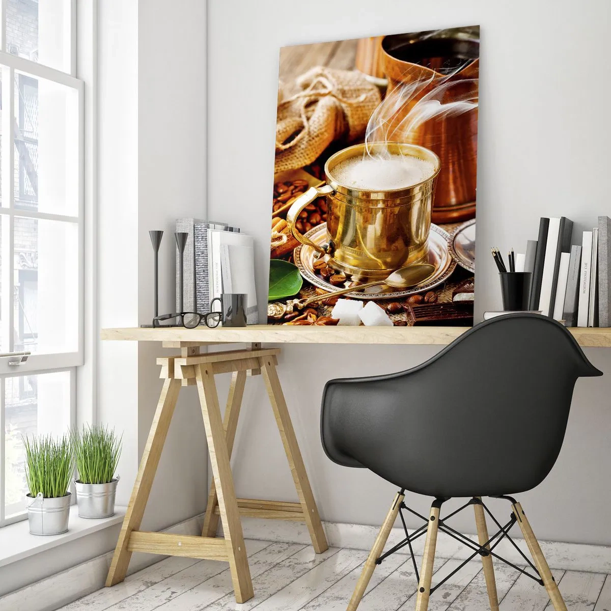 Glasbild - Bild auf glas - Eine goldene Tasse Kaffee mit Milch, umgeben von Körnern und Croissants - 50x70cm - Schönen Tag noch! - Moderne Wanddekoration für Wohnzimmer und Schlafzimmer ARTTOR