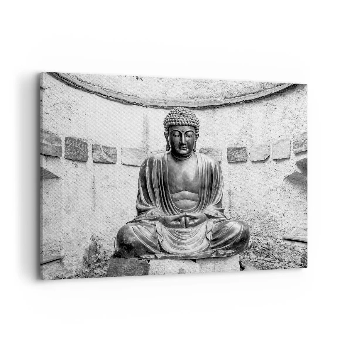 Bild auf Leinwand - Leinwandbild - Schwarz-weiße Buddha-Statue in meditativer Pose - 120x80cm - An der Quelle des Friedens - Moderne Wanddekoration für Wohnzimmer und Schlafzimmer ARTTOR