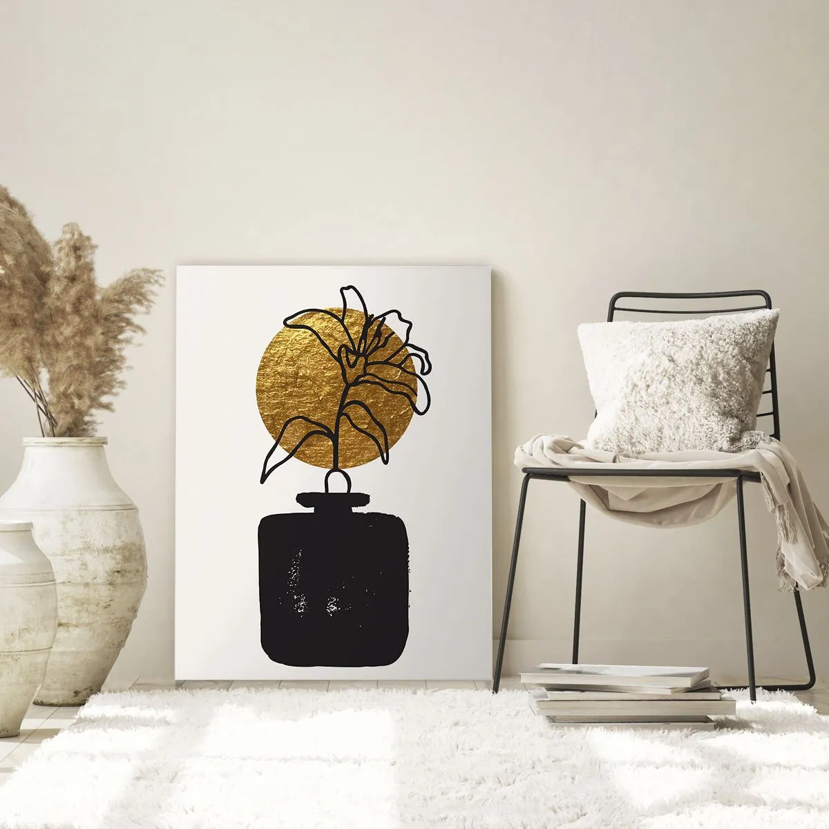 Glasbild - Bild auf glas - Minimalistische Grafik mit einer Blume in einem goldenen Kreis und einer schwarzen Vase - 50x70cm - Schönheit ist Gold wert - Moderne Wanddekoration für Wohnzimmer und Schlafzimmer ARTTOR