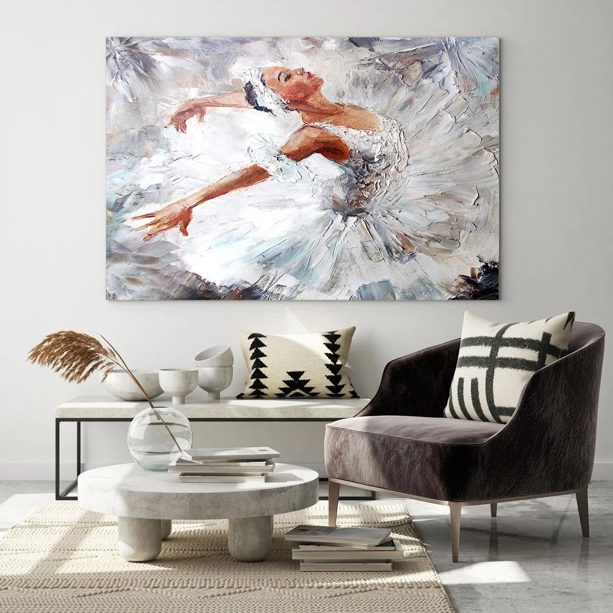 Glasbild - Bild auf glas - Eine Ballerina im weißen Outfit in dynamischer Pose - 70x50cm - Zart und leicht wie Tüll - Moderne Wanddekoration für Wohnzimmer und Schlafzimmer ARTTOR