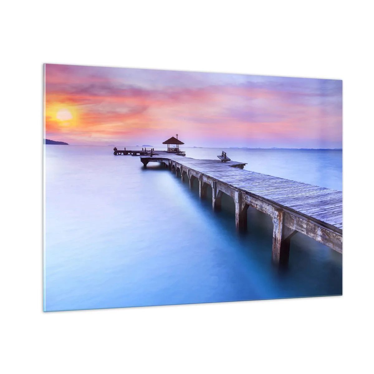 Glasbild - Bild auf glas - Holzsteg bei Sonnenaufgang auf ruhigem Wasser - 100x70cm - Ein Meer der Ruhe bis zum Horizont - Moderne Wanddekoration für Wohnzimmer und Schlafzimmer ARTTOR