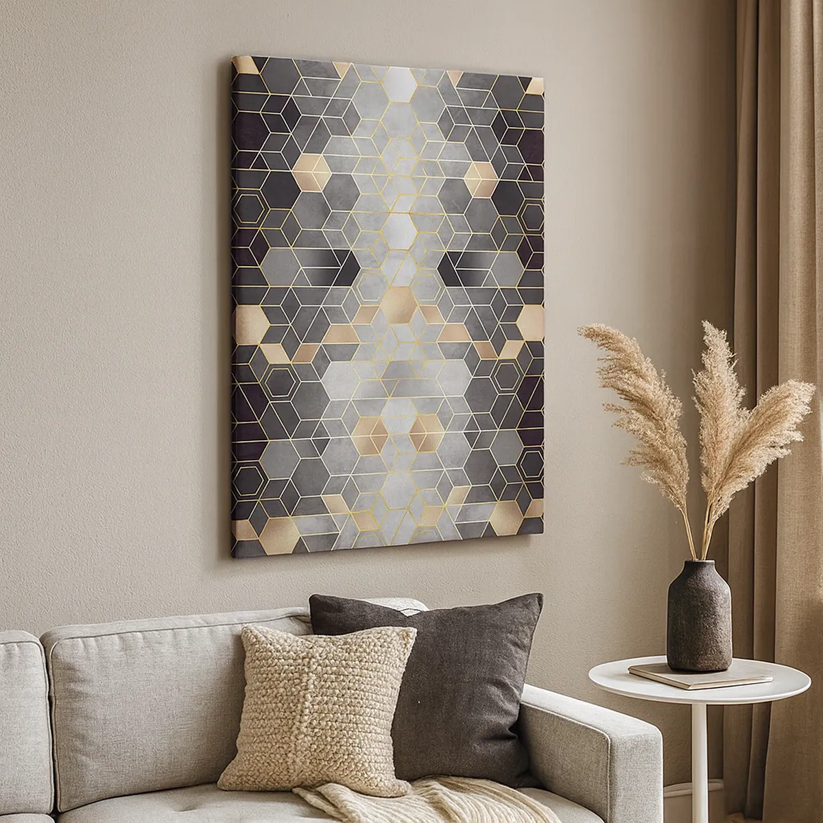 Bild auf Leinwand - Leinwandbild - Geometrisches Muster in goldenen Farbtönen - 50x70cm - Diamant-Komposition - Moderne Wanddekoration für Wohnzimmer und Schlafzimmer ARTTOR