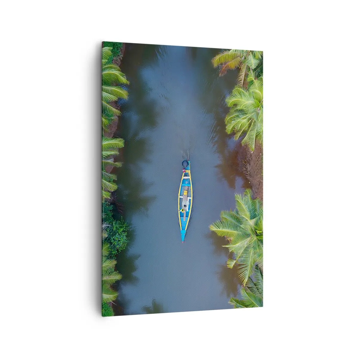 Bild auf Leinwand - Leinwandbild - Eine Vogelperspektive auf ein Boot auf einem Fluss, umgeben von Palmen - 80x120cm - Auf einem tropischen Pfad - Moderne Wanddekoration für Wohnzimmer und Schlafzimmer ARTTOR