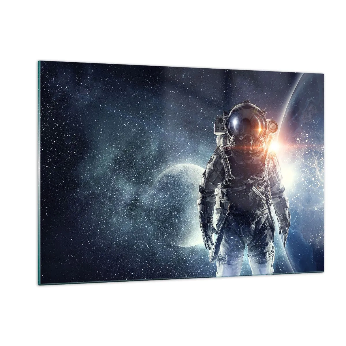 Glasbild - Bild auf glas - Astronaut vor dem Hintergrund von Planeten und Sternen - 120x80cm - Weltraumabenteuer - Moderne Wanddekoration für Wohnzimmer und Schlafzimmer ARTTOR