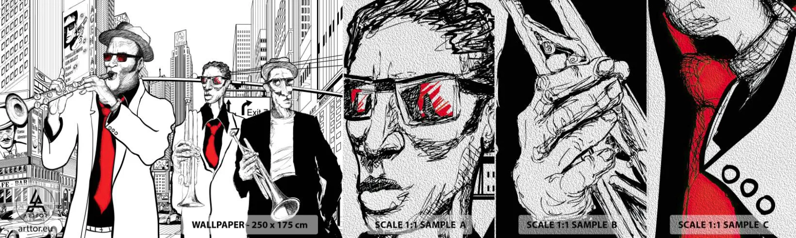 Fototapeten Muster Premium Sand - Urbane Rhapsodie in Schwarz und Rot - New York, Jazz, Musik - 100x30 cm