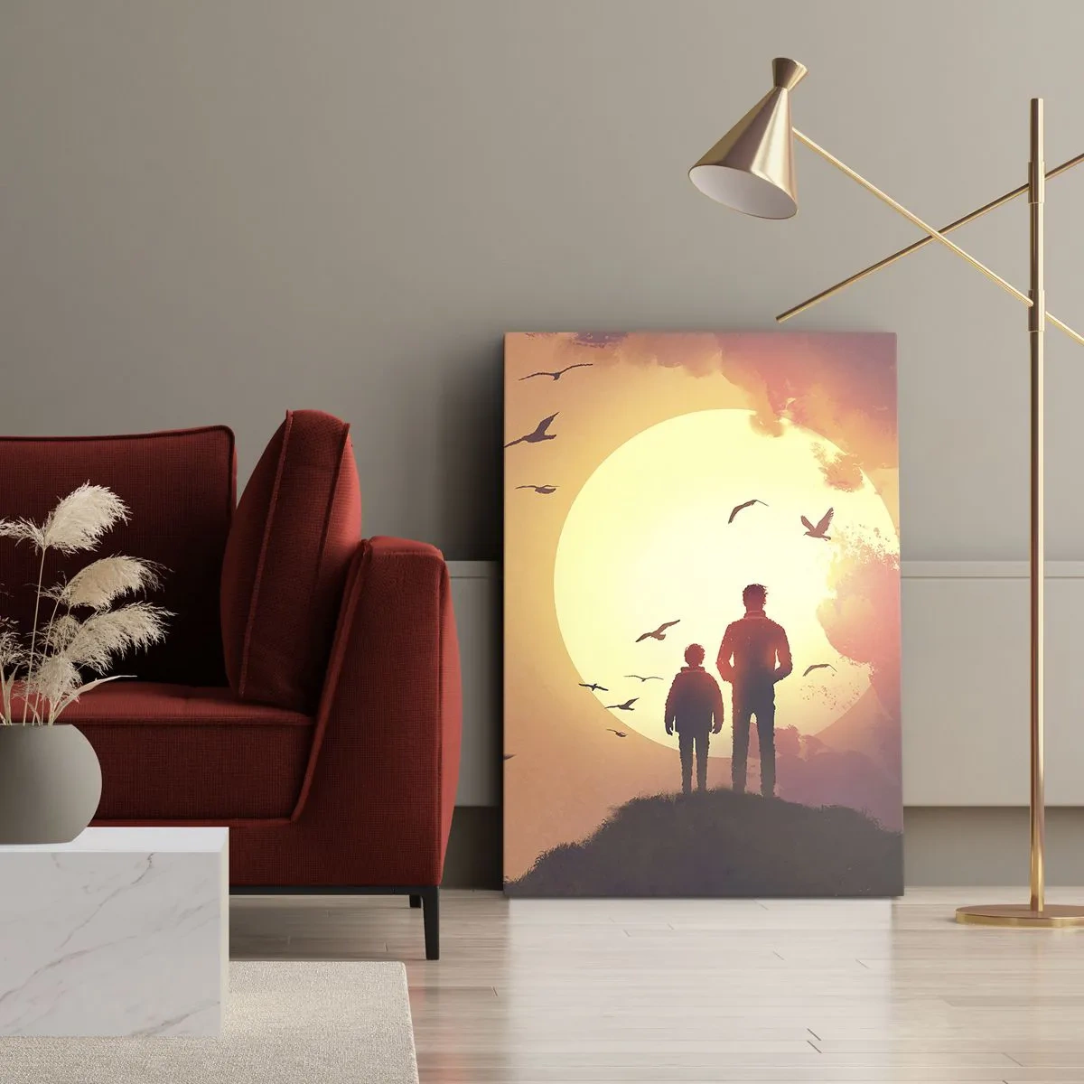 Bild auf Leinwand - Leinwandbild - Figuren vor dem Hintergrund der untergehenden Sonne - 70x100cm - Von Angesicht zu Angesicht mit der Sonne - Moderne Wanddekoration für Wohnzimmer und Schlafzimmer ARTTOR