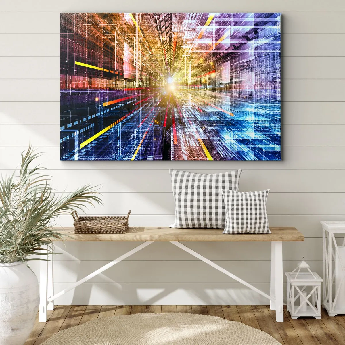 Bild auf Leinwand - Leinwandbild - Dynamische Lichter in einem futuristischen Korridor - 100x70cm - Leuchtender Korridor - Moderne Wanddekoration für Wohnzimmer und Schlafzimmer ARTTOR