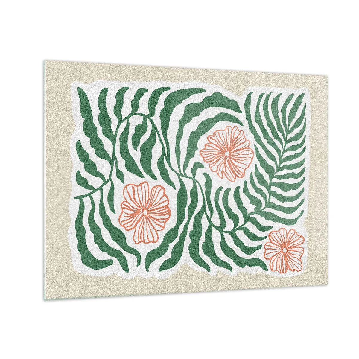 Glasbild - Bild auf glas - Grüne Blätter und rote Blüten in grafischer Anordnung - 70x50cm - Aufgeblüht in Grün - Moderne Wanddekoration für Wohnzimmer und Schlafzimmer ARTTOR