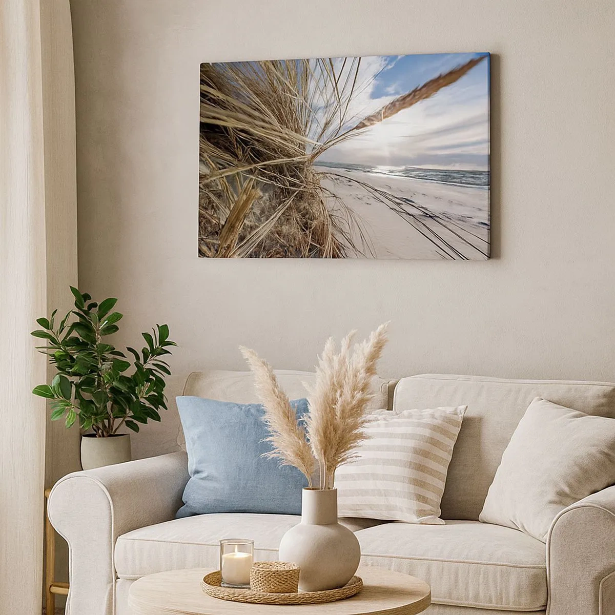 Bild auf Leinwand - Leinwandbild - Ein Strand mit trockenem Gras auf den Dünen und Blick auf das Meer - 70x50cm - Ein Treffen der Elemente der Natur - Moderne Wanddekoration für Wohnzimmer und Schlafzimmer ARTTOR