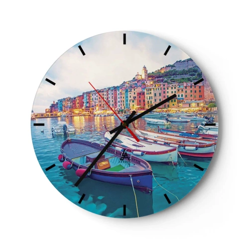 Wanduhr - Glasuhr - Farbenfroher Hafen am Meer mit Booten bei Sonnenuntergang - 30x30cm - Bunter Abend im Hafen - Moderne Wanddekoration für Wohnzimmer, Küche und Schlafzimmer ARTTOR