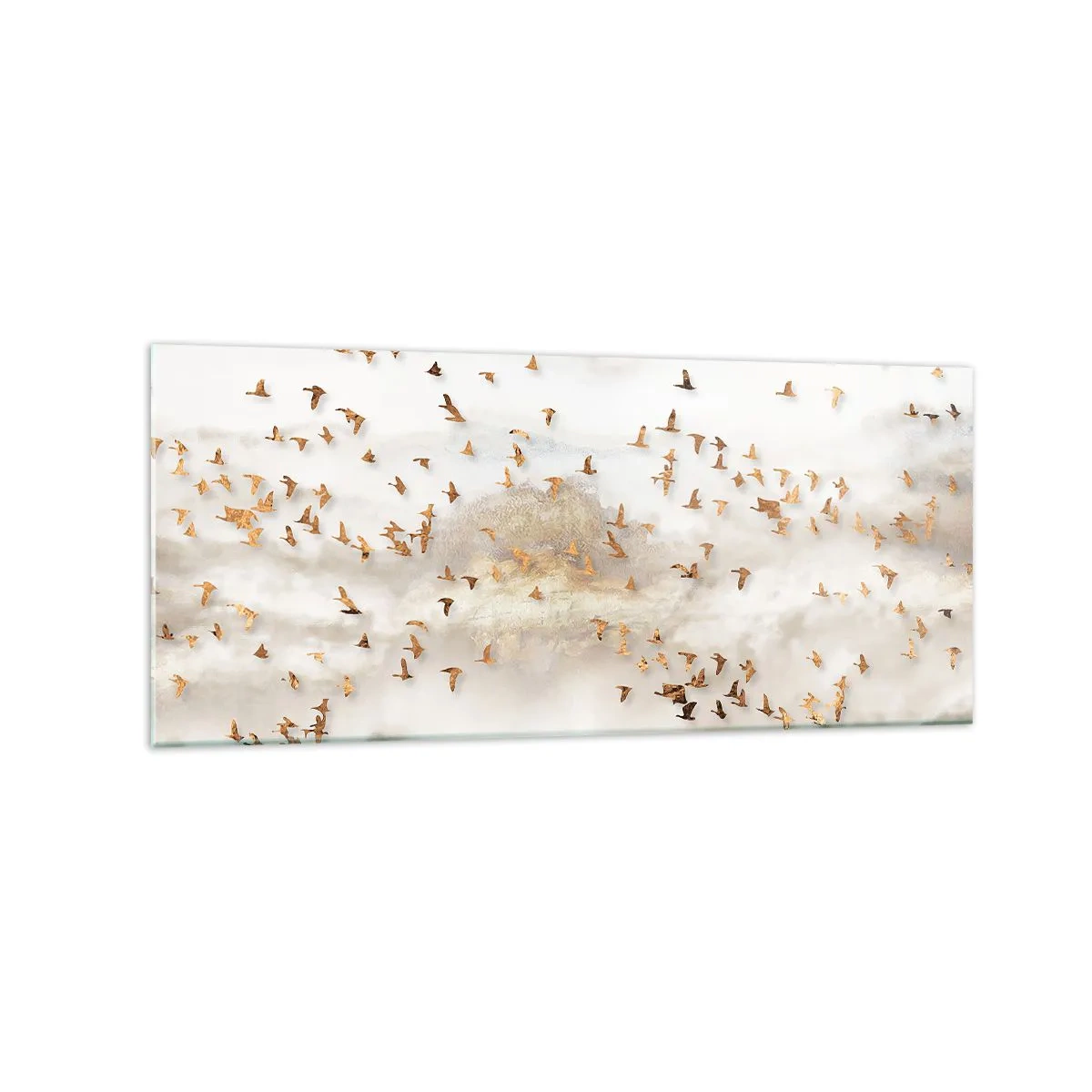 Glasbild - Bild auf glas - Goldene Vögel vor den nebligen Bergen - 120x50cm - Es ist schon die Zeit… - Moderne Wanddekoration für Wohnzimmer und Schlafzimmer ARTTOR
