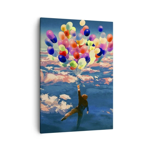 Bild auf Leinwand - Leinwandbild - Eine Figur, die mit bunten Luftballons über den Wolken schwebt - 50x70cm - Ein Kindheitstraum wird wahr - Moderne Wanddekoration für Wohnzimmer und Schlafzimmer ARTTOR