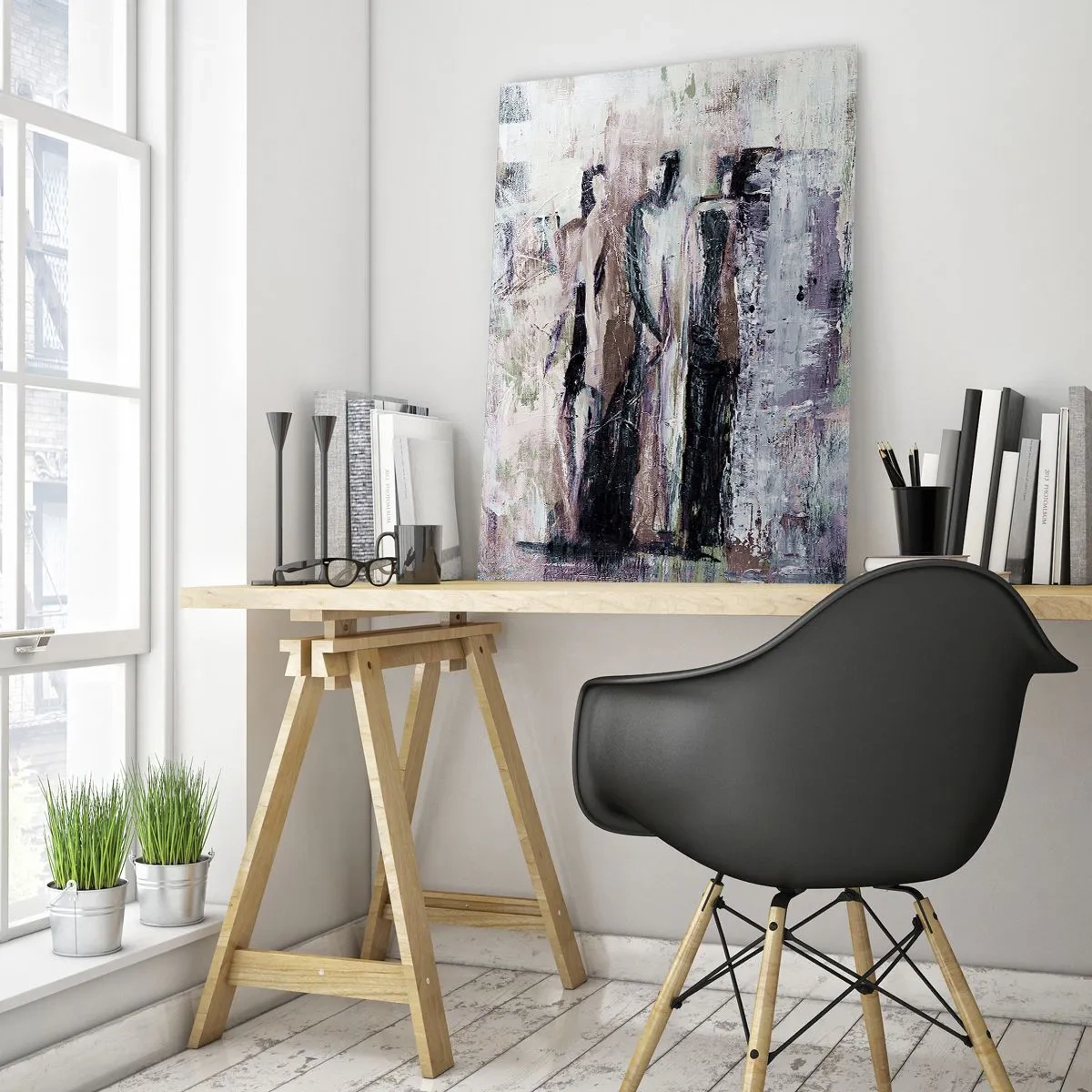 Glasbild - Bild auf glas - Eine abstrakte Komposition mit drei Figuren in Pastellfarben. - 70x100cm - Die geheimnisvolle Drei - Moderne Wanddekoration für Wohnzimmer und Schlafzimmer ARTTOR