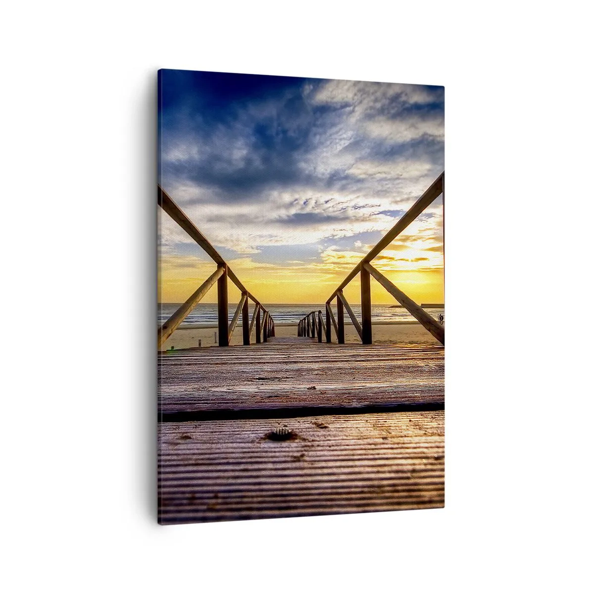 Bild auf Leinwand - Leinwandbild - Holzsteg zum Strand bei Sonnenuntergang - 50x70cm - Direkt zum ruhigen Strand bei Sonnenuntergang - Moderne Wanddekoration für Wohnzimmer und Schlafzimmer ARTTOR